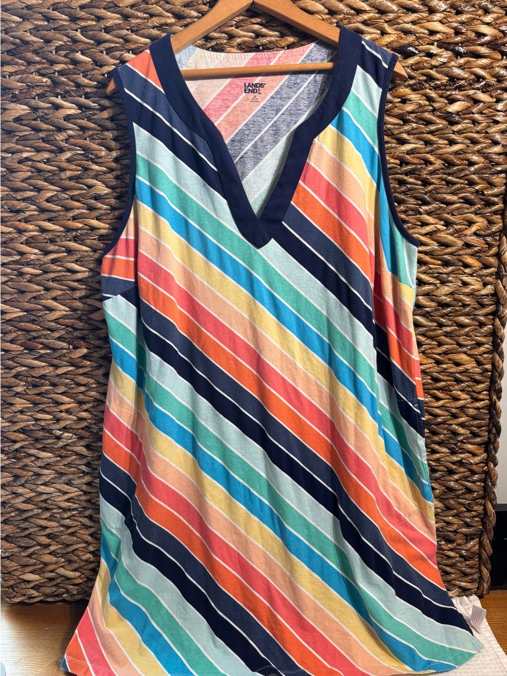 Lands' End Multicolor Diagonal Stripe Dress/Beach Cover Up - Coral, Navy, Peach